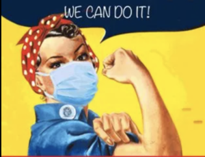 Rosie the riveter wearing a mask